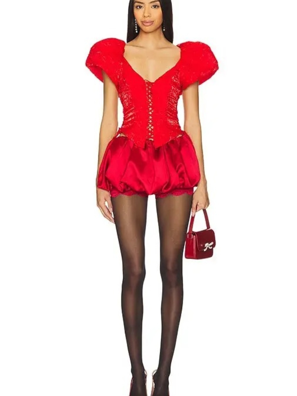 REVOLVE For Love & Lemons Red Lace-Up Puff Sleeve Corset Top NWT Small - Picture 3 of 4